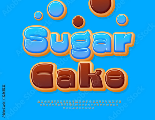 Vector Sweet banner Sugar Cake. Donut style  Font. Blue Glazed Alphabet Letters and Numbers set.