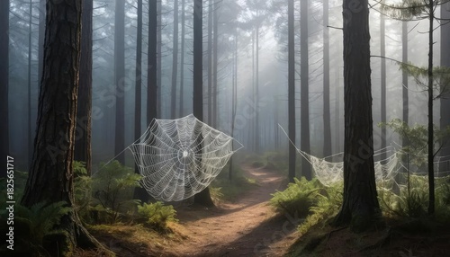 Ethereal sunbeams illuminate intricate spiderwebs across a tranquil footpath in a misty, magical forest