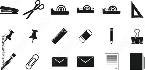 Collection of black and white office and school supplies icons stapler scissors