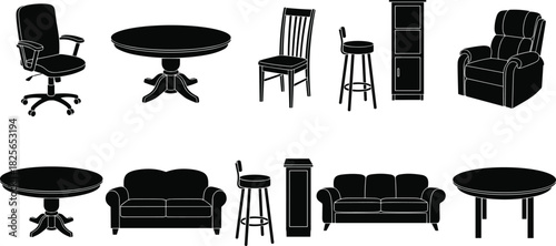 Collection of black silhouette furniture including chairs tables sofas and cabinets