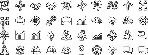 Collection of business and networking icons including handshake, gears, briefcase, graphs, lightbulb, people groups, and chat bubbles