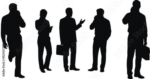 Business professionals on mobile phones, corporate communication, walking and talking silhouettes, office networking, telemarketing, executive calls, professional connectivity, business mobility