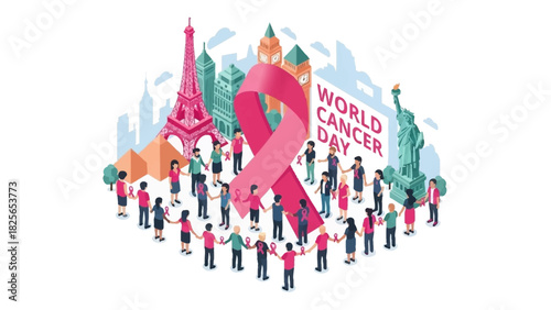 Global community unites for World Cancer Day, forming a supportive chain around iconic landmarks with a prominent pink ribbon symbolizing cancer awareness and hope worldwide