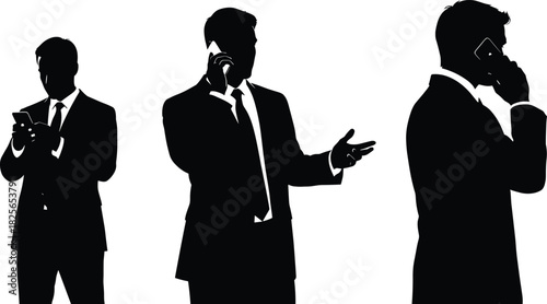 Business professionals using smartphones, mobile communication in office, silhouette trio, phone call interaction, modern workplace, digital networking, collaboration, corporate connectivity