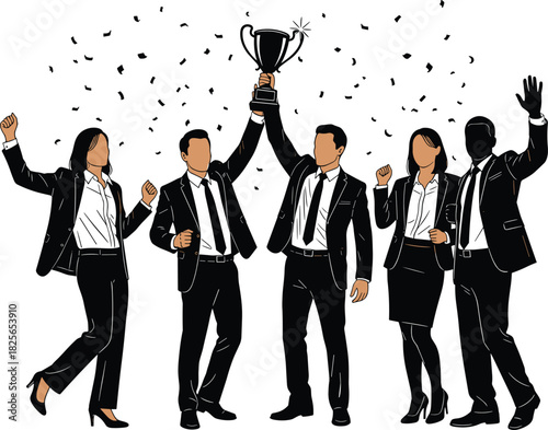 Business team celebrating success, holding trophy, corporate achievement, teamwork victory, professional recognition, office celebration, leadership excellence, career milestone, group joy