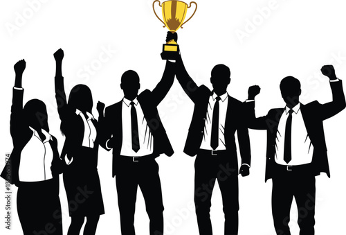 Business team celebrating success, corporate victory concept, silhouette professionals with trophy, teamwork achievement, leadership recognition, career growth, winning moment