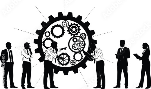 Business team inspecting large gears with magnifying glass, corporate strategy, problem solving, process optimization, technical analysis concept, teamwork silhouette vector illustration
