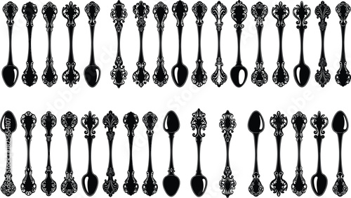 Collection of ornate black silhouette antique spoons with decorative handles on white background