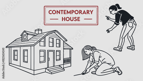 Contemporary House Architecture Vector Illustration with Women Planning and Measuring.