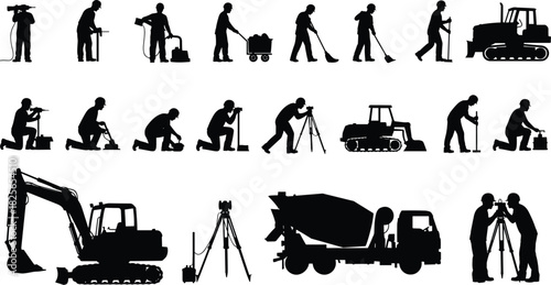 Construction workers and heavy machinery silhouettes performing various tasks person