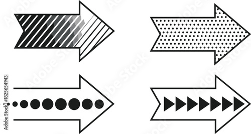 Four black and white graphic arrows with different fill patterns direction forward