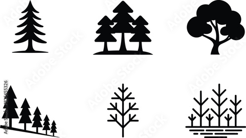 Collection of Stylized Tree Icons in Black and White