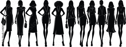 Elegant fashion silhouettes of stylish women models standing together, modern outfit designs, chic poses, runway illustration perfect for branding, creative projects