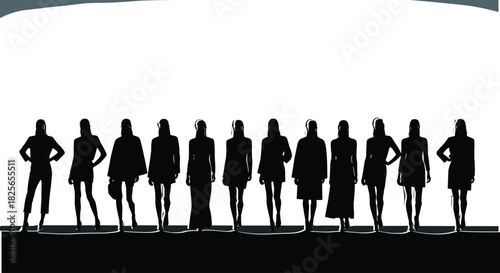 Fashion silhouette lineup of stylish women models standing together, modern outfit designs, runway style illustration for branding, creative projects, artwork