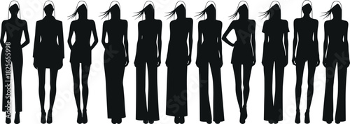 Stylish fashion model women silhouettes standing together in various poses, elegant female figure illustration for modern design, branding, artwork, and creativity