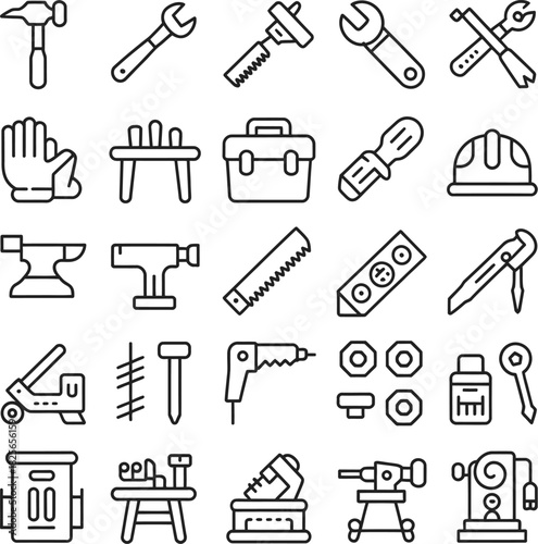 Construction and Workshop Tools Icons Keywords: hammer, wrench, saw, toolbox, hard hat, anvil