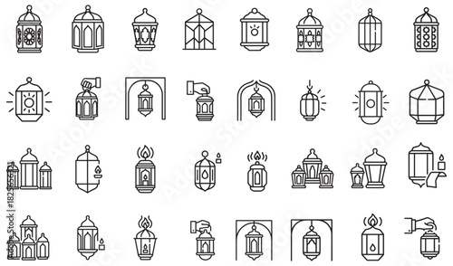 Ramadan lanterns line icons set, traditional decoration for muslim holy month, arabic lamps
