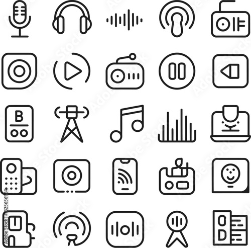 Podcast and audio equipment icons in outline style Keywords: microphone, headphones, sound waves