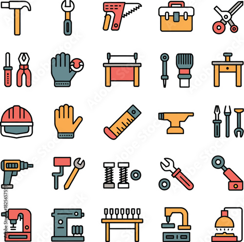 Vibrant Flat Icons of Tools and Hardware hammer wrench