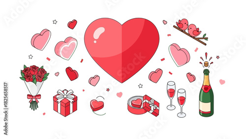 Valentine's Day Celebration Hearts, Gifts, Champagne, and Festive Decorations for Love
