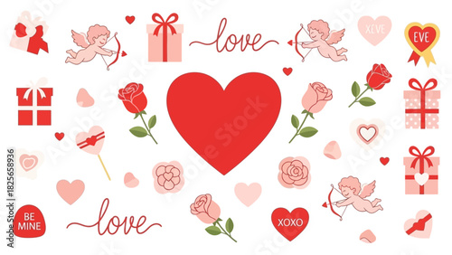 Valentine's Day Icons and Symbols A Collection of Romantic Elements for Greeting Cards and Decorations