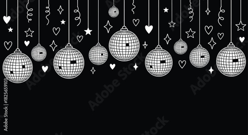 White disco balls hearts stars and swirls hanging on black background party celebration