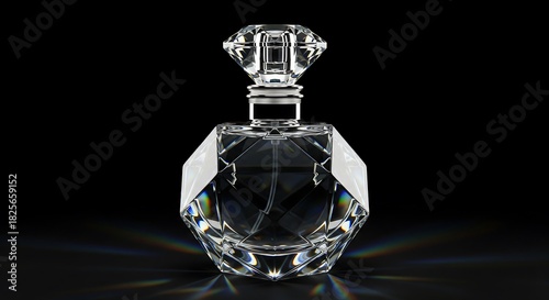 A geometric diamond-like perfume bottle with prism reflections, isolated on a black background. © Irma Creativity Core