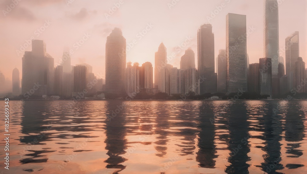 Fototapeta premium City skyline at sunrise reflected in water. Soft focus