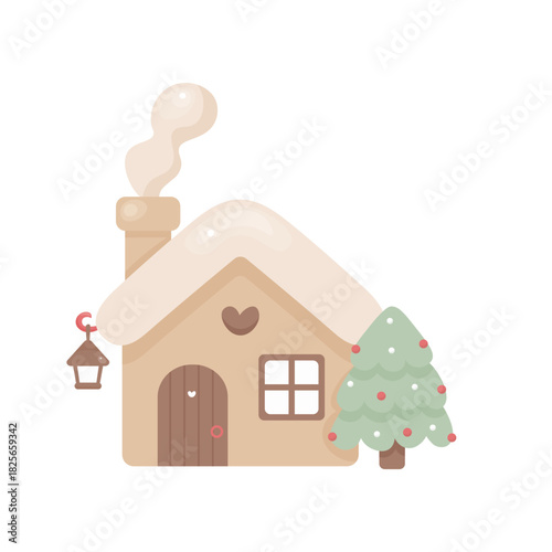 Vector hand-drawn winter house with snow-covered roof, chimney smoke, heart above door, tree and lantern.  Ideal for festive clipart, greeting cards, cozy village scenes, and seasonal design.