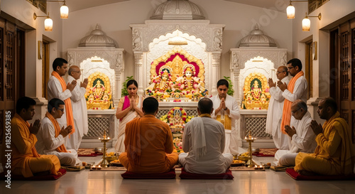 A spiritual moment inside an ISKCON temple, showing devotees engaged in worship with warm ambient lighting from traditional lamps