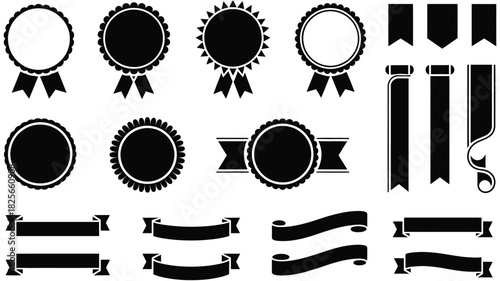 Ribbons and badges, winner rosettes graphic silhouettes, isolated decorative ribbons for banners and flyers, business awards, competition prizes, educational achievements, vector elements, 