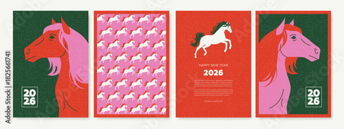 Set of 2026 New Year's greeting card design template with cartoon horse in flat style. Year of the horse. Festive poster, flyer, web banner or invitation collection. Vector illustration
