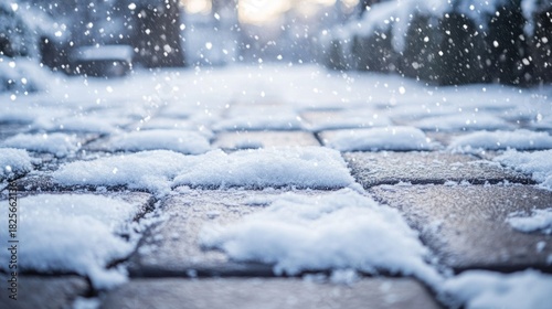 Snow lightly covering paving blocks in winter setting