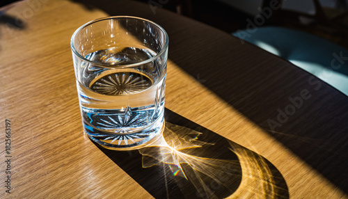 Clear glass of water creating beautiful caustic light patterns on a wooden table.