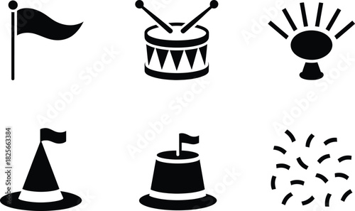 Collection of Black and White Icons: Flag, Drum, Party Popper, Hats, Confetti