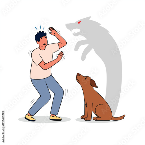 Dog phobia cynophobia depiction of man frightened by harmless dog