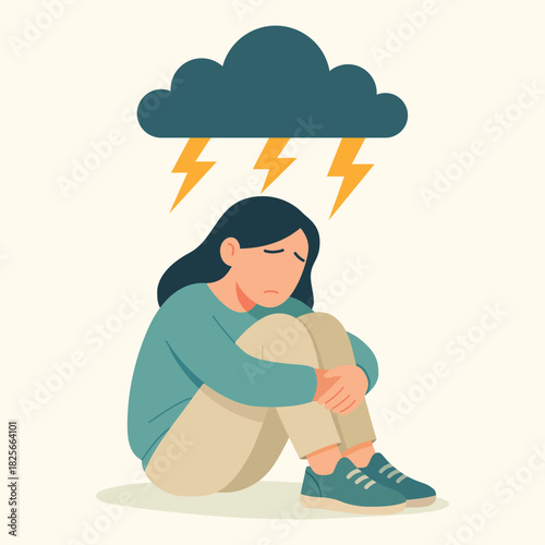 Thunder phobia astraphobia illustration of woman scared of storm