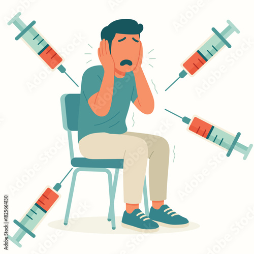 Injection phobia trypanophobia depiction of man terrified of needles
