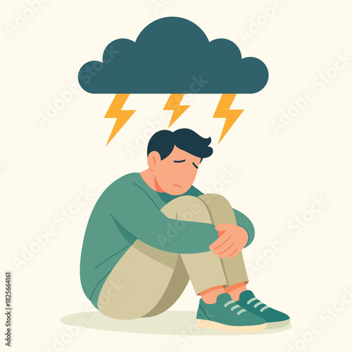 Thunder phobia astraphobia depiction of man frightened by thunderstorm