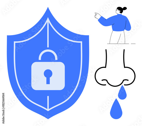 Large shield with a lock, abstract nose with droplets, and person sneezing, highlighting health protection, safety, privacy, hygiene, illness prevention, security measures simple flat metaphor