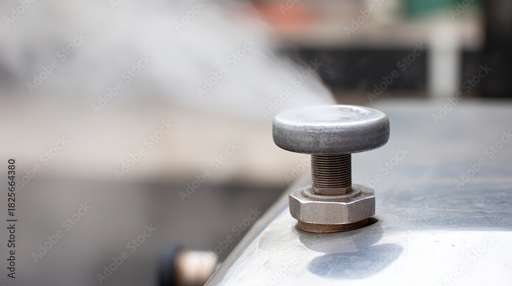 Obraz premium boiler. Industrial boiler safety valve releasing high-pressure steam, white vapor column. safety posters, maintenance manuals, designed for industrial assembly lines and welding operations.