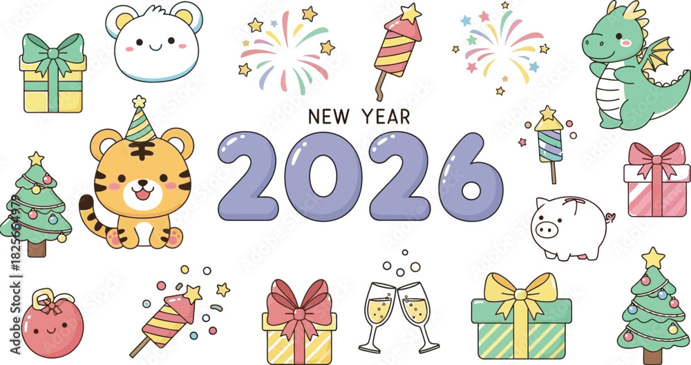 Fototapeta premium New year 2026 illustration with cute tiger characters and festive elements