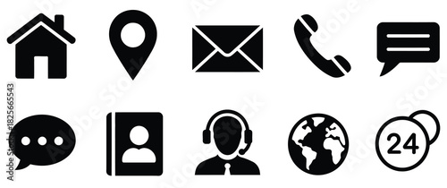 Contact us web icon set in simple flat design, featuring home, location, email, call, message, address book, customer support, worldwide, communication, service, help desk, online assistance, and 