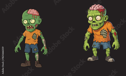 Two cartoon green zombies display exposed brains and ribs on a transparent background