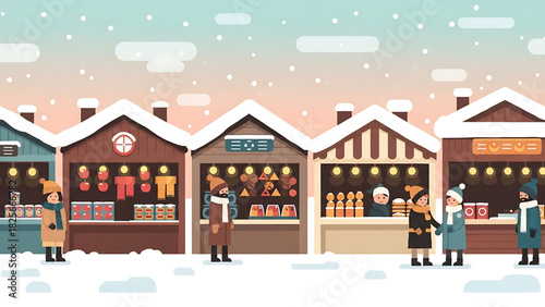 Winter Market Scene with Festive Stalls and Snowfall Illustration