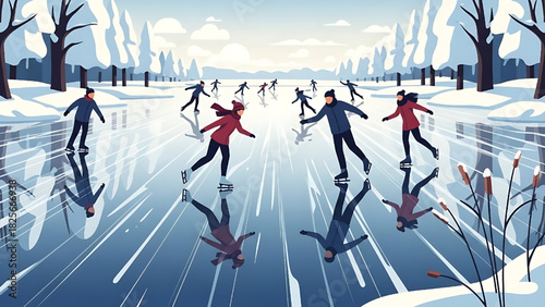 Winter Ice Skating Scene with People and Trees Illustration