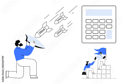 DDoS missiles countered by a person with a shield, calculator for tech solutions, team climbing a block stack holding a flag. Ideal for cybersecurity, leadership, teamwork, resilience, collaboration