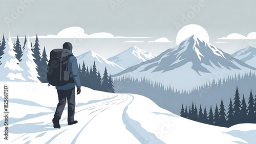 Winter Trek: Hiker Exploring Snowy Mountain Landscape Adventure