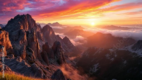 The sun sets behind the mountains, casting a warm glow across the sky and illuminating the landscape