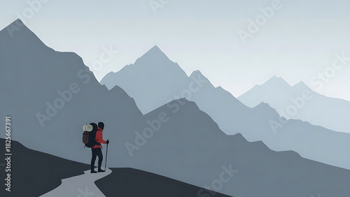 Hiker Silhouette in Mountain Landscape Flat Vector Illustration